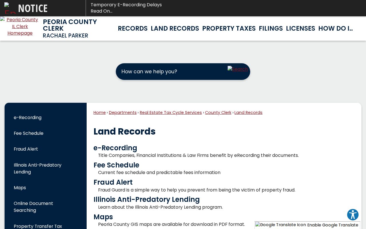 Peoria previous residents County Land Records page
