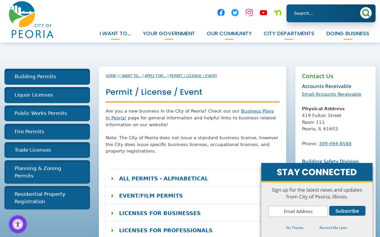 Peoria street directory city permit and license categories